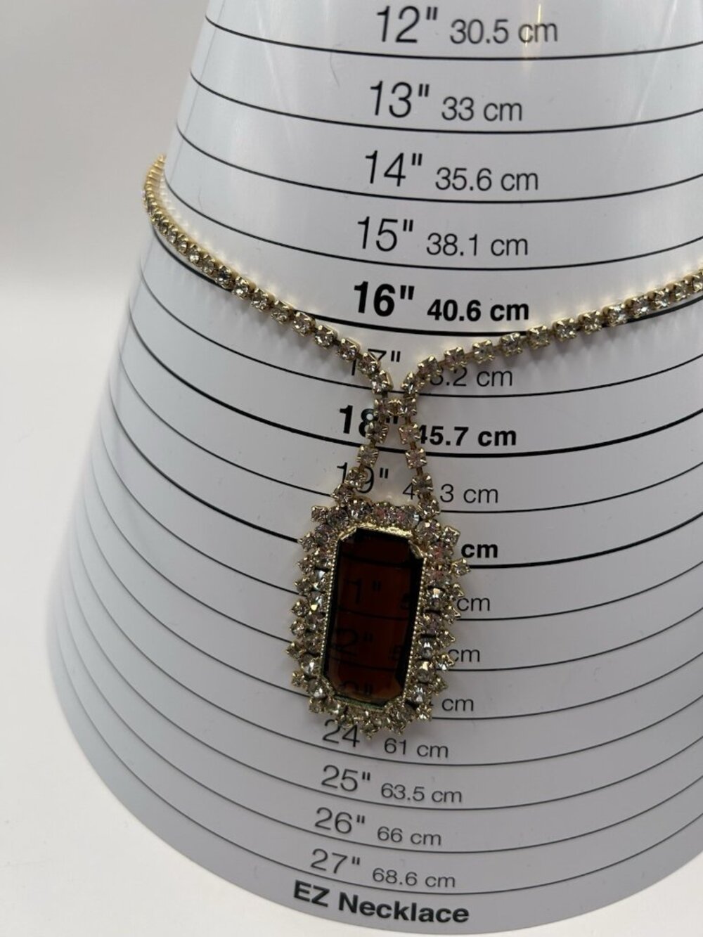 Vintage Statement Brown Glass Rhinestone Pendant Necklace Gold Tone Glam Style - Picture 8 of 16